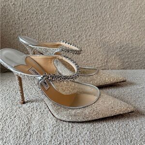 Jimmy Choo Silver Glitter Crystal-Strap Pointed Mules